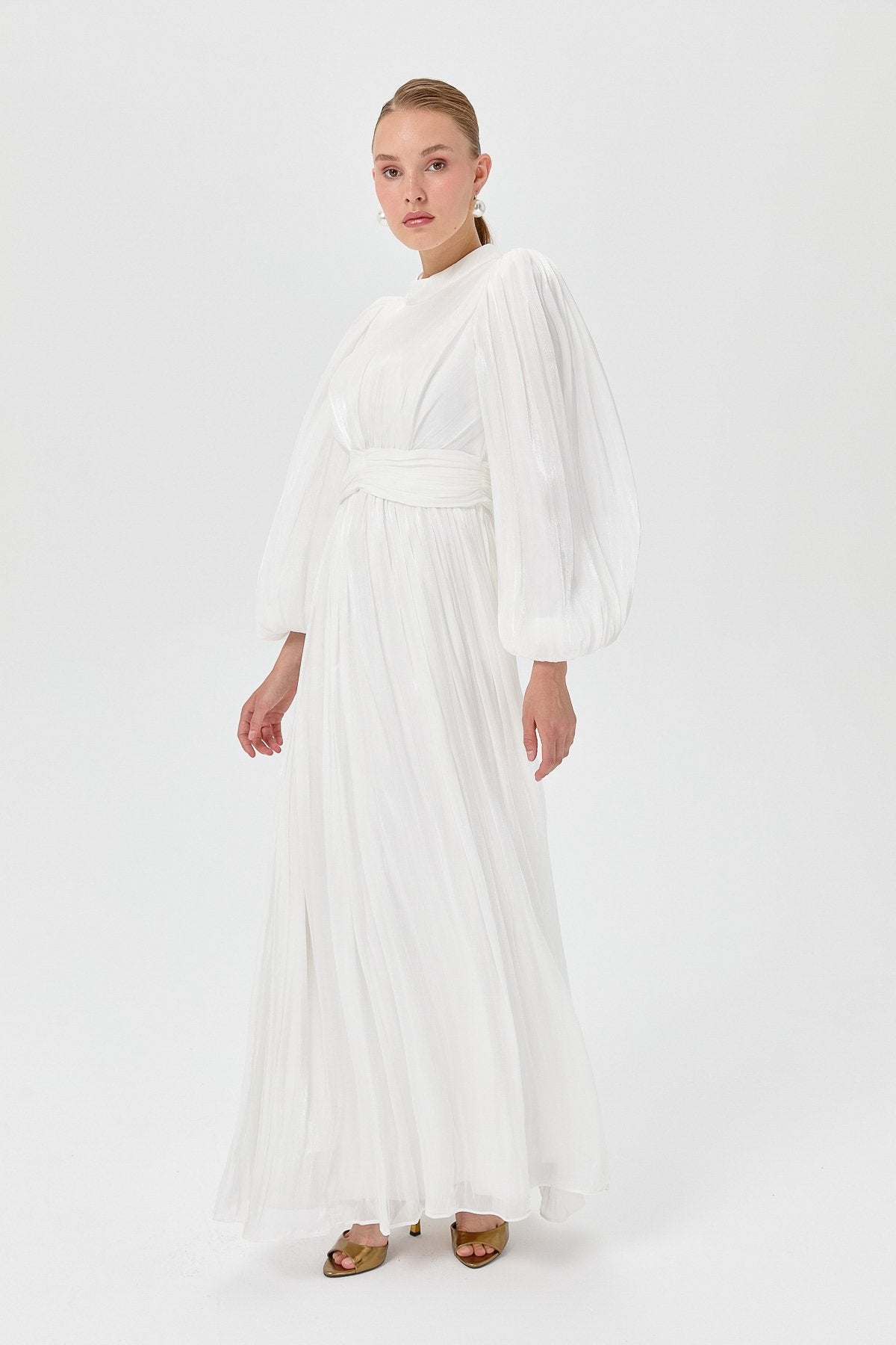 Balloon Sleeve High Neck Evening Dress - White