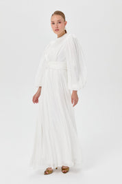 Balloon Sleeve High Neck Evening Dress - White