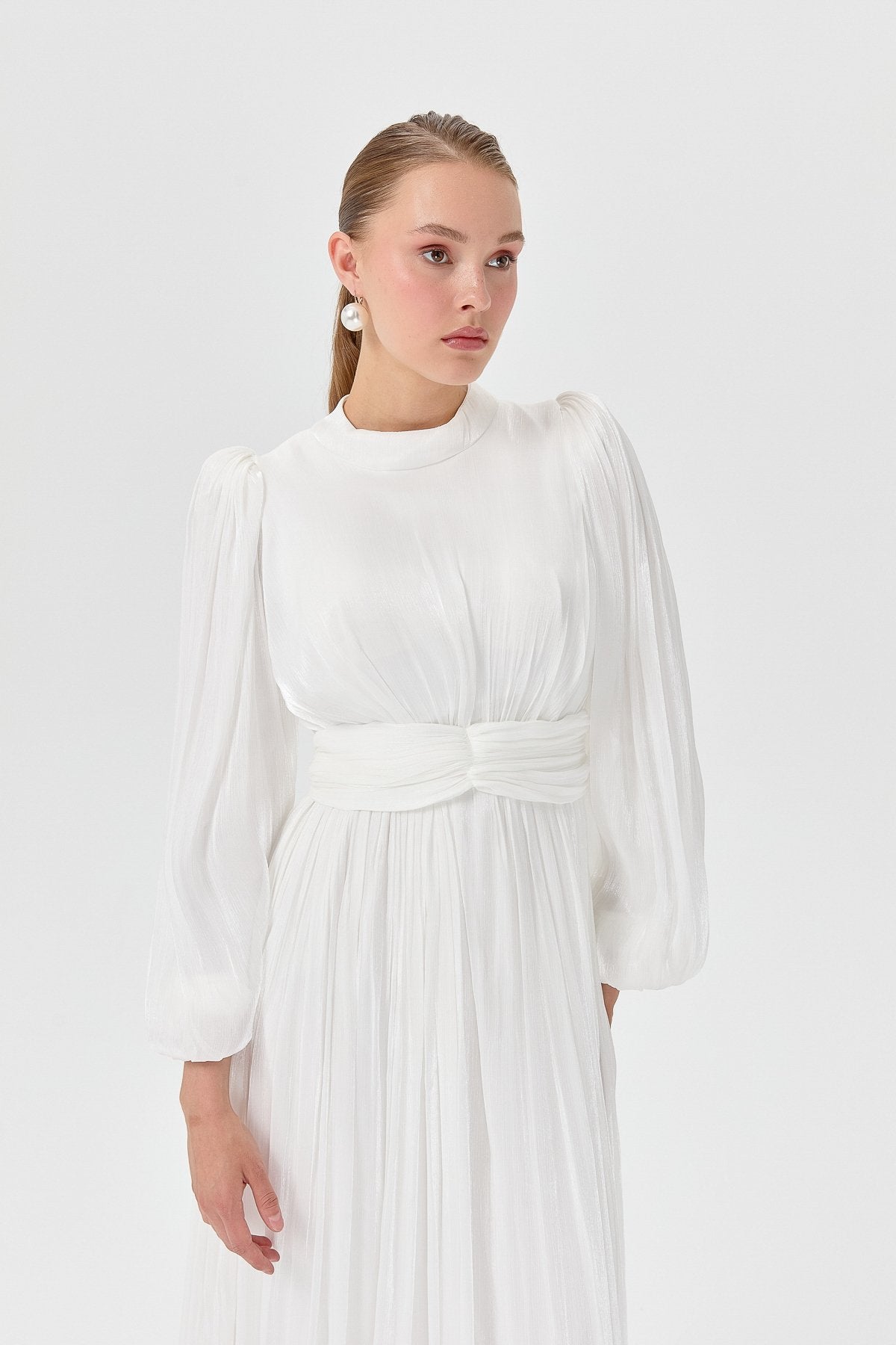 Balloon Sleeve High Neck Evening Dress - White