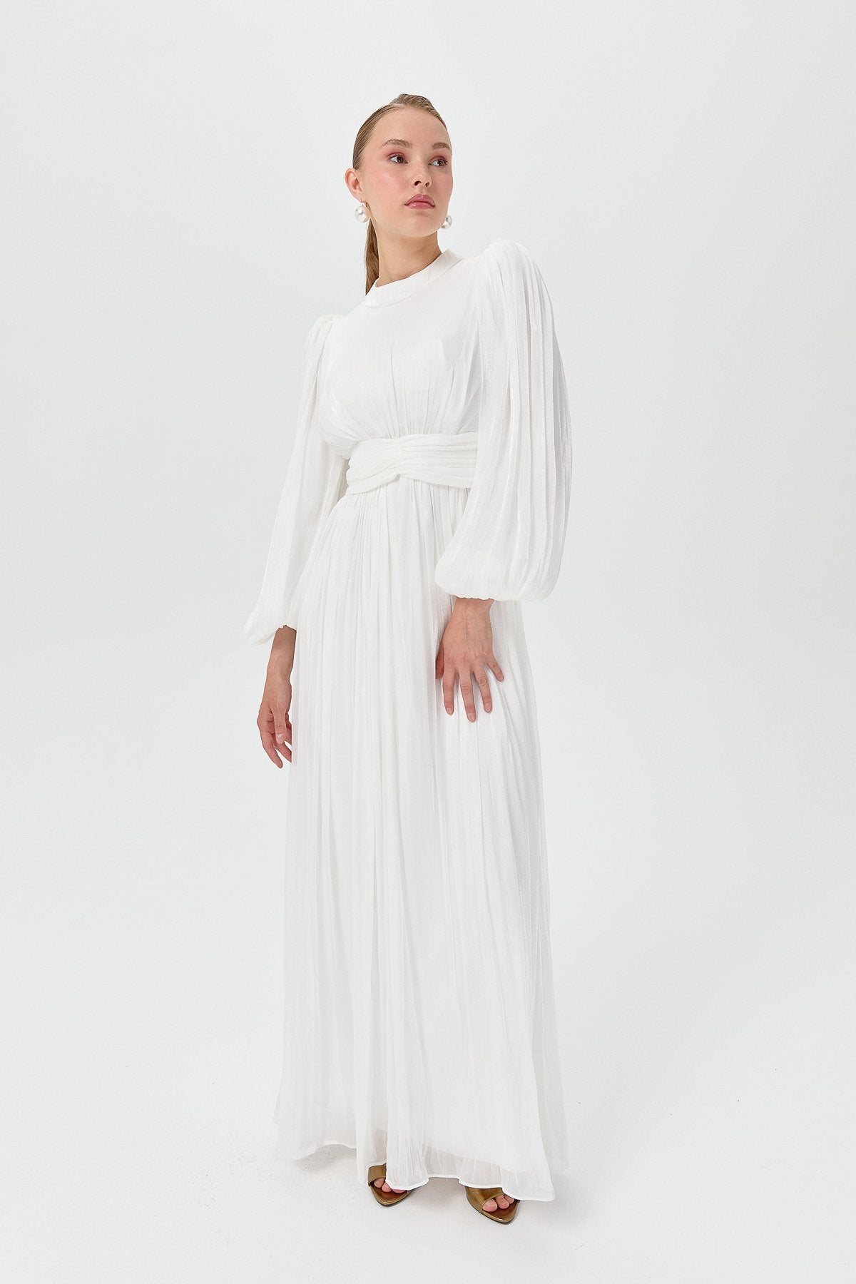 Balloon Sleeve High Neck Evening Dress - White