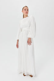 Balloon Sleeve High Neck Evening Dress - White