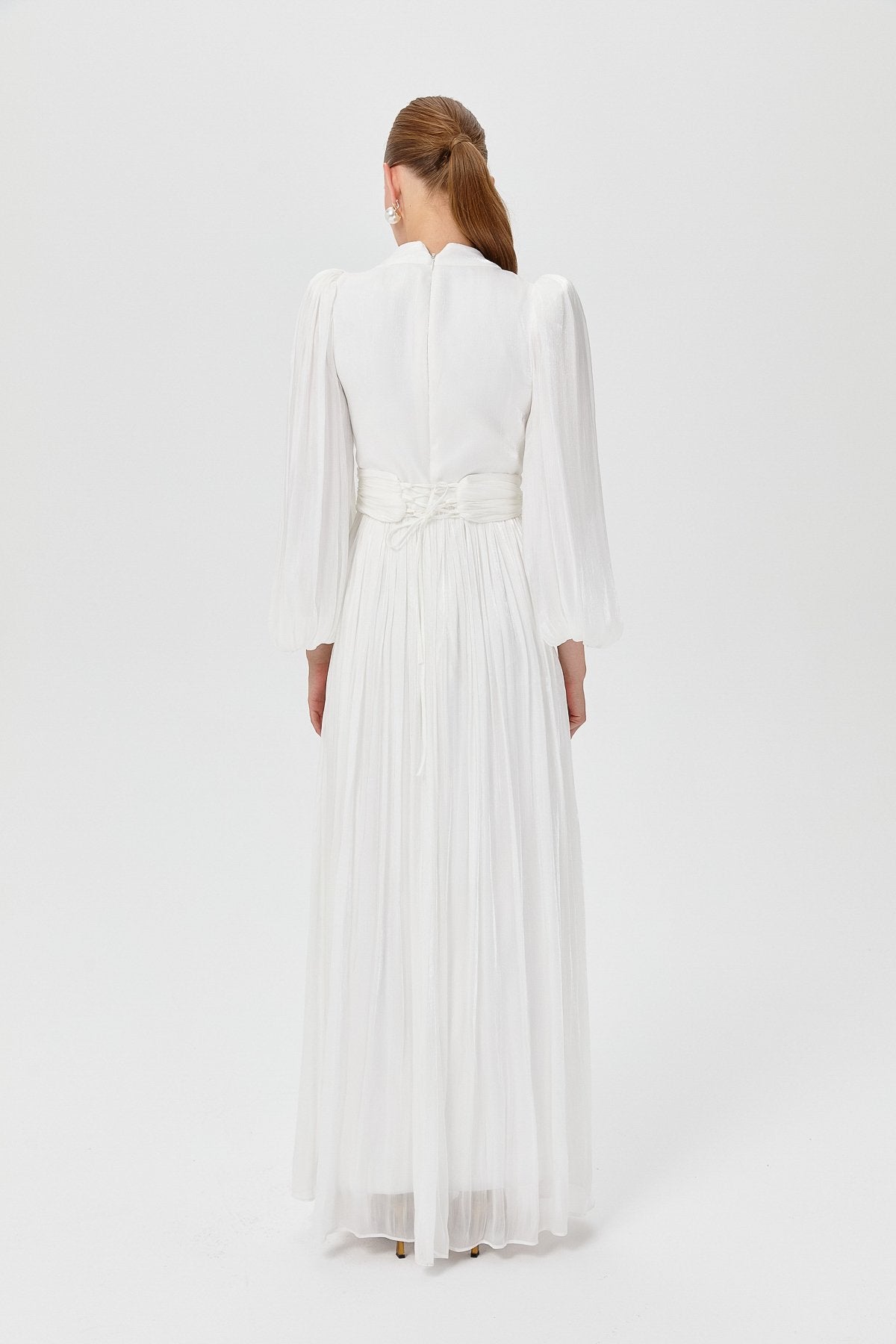 Balloon Sleeve High Neck Evening Dress - White