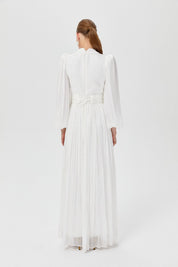 Balloon Sleeve High Neck Evening Dress - White