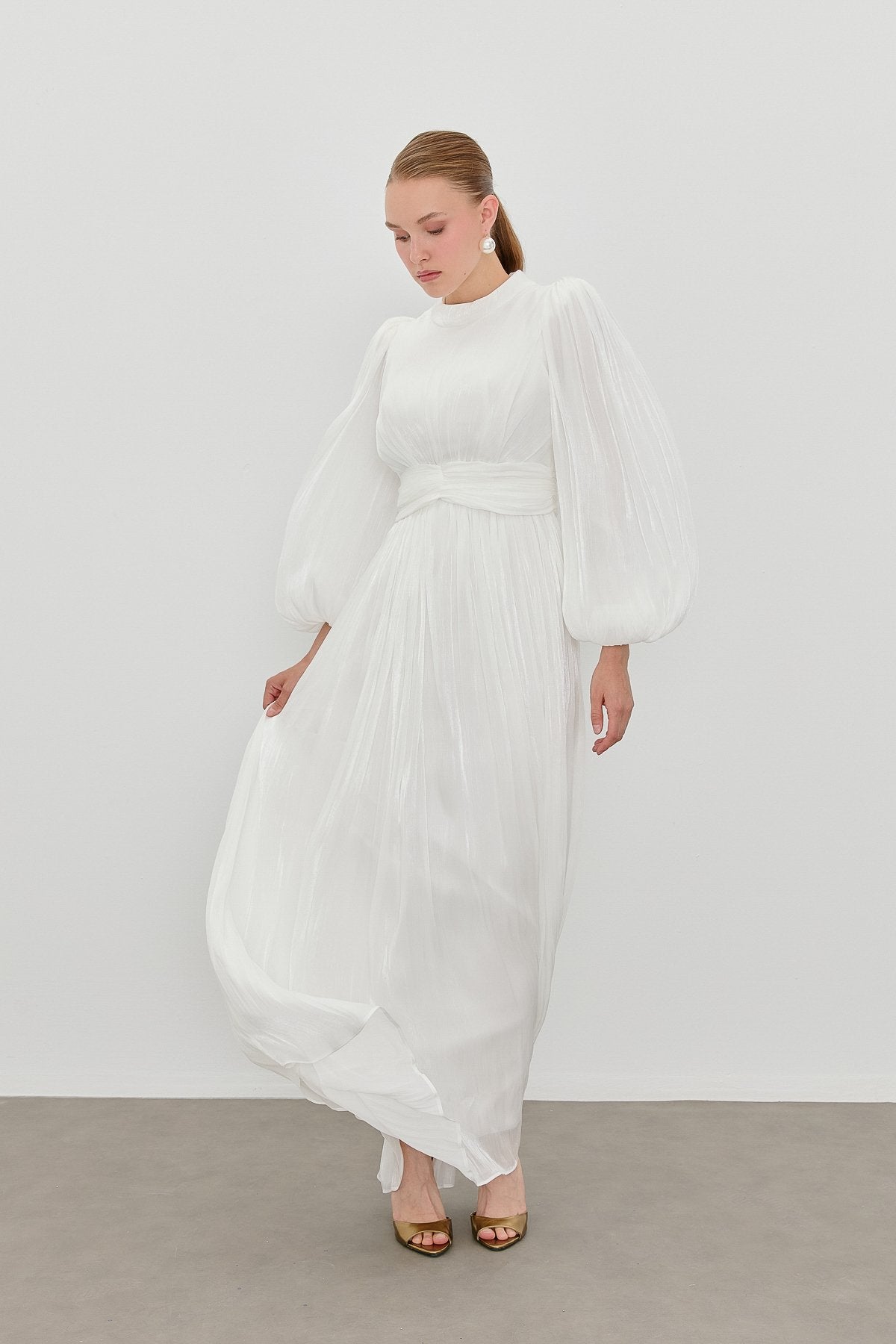 Balloon Sleeve High Neck Evening Dress - White
