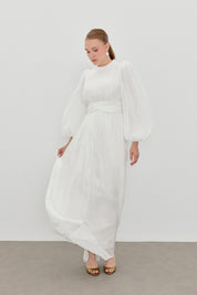 Balloon Sleeve High Neck Evening Dress - White