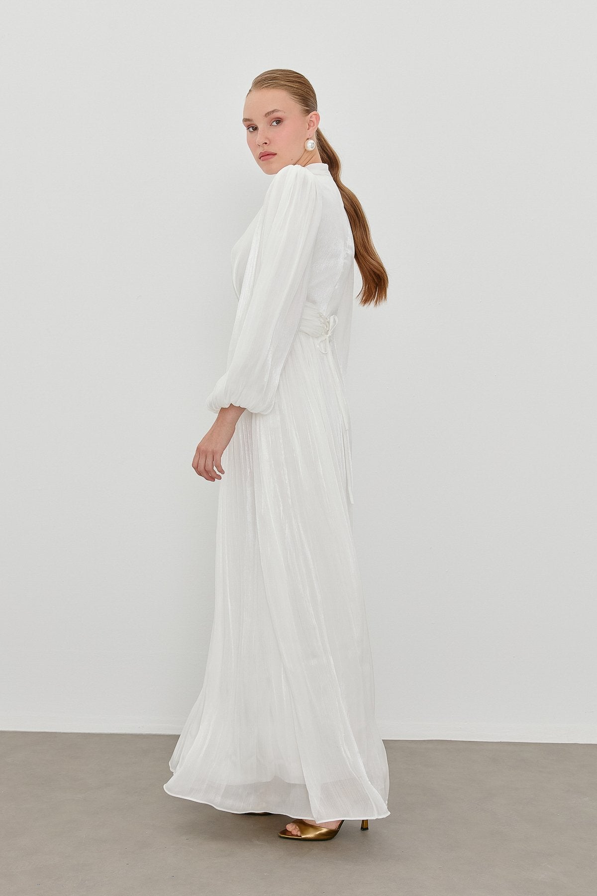 Balloon Sleeve High Neck Evening Dress - White