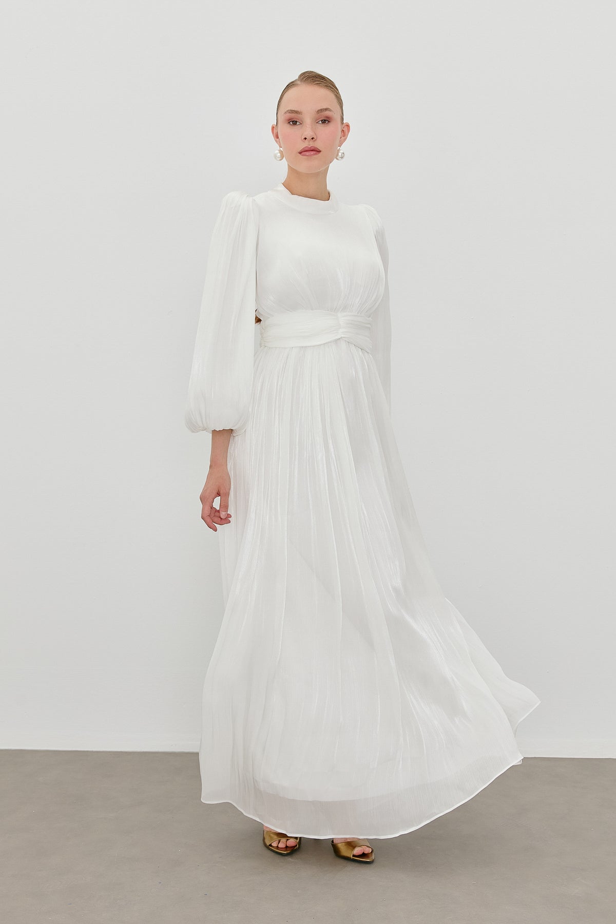 Balloon Sleeve High Neck Evening Dress - White