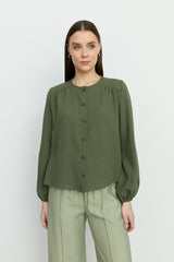 Puff Sleeve Shirred Shirt - Khaki