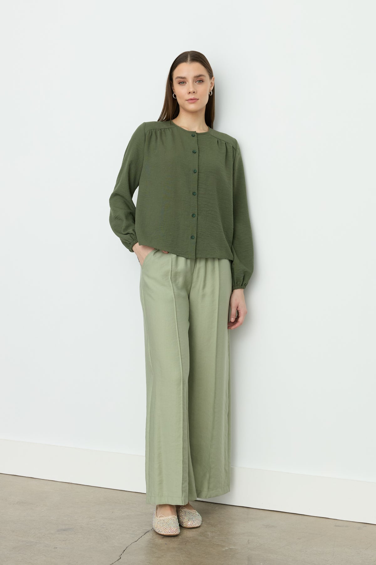 Puff Sleeve Shirred Shirt - Khaki