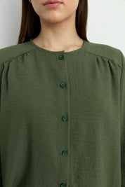 Puff Sleeve Shirred Shirt - Khaki