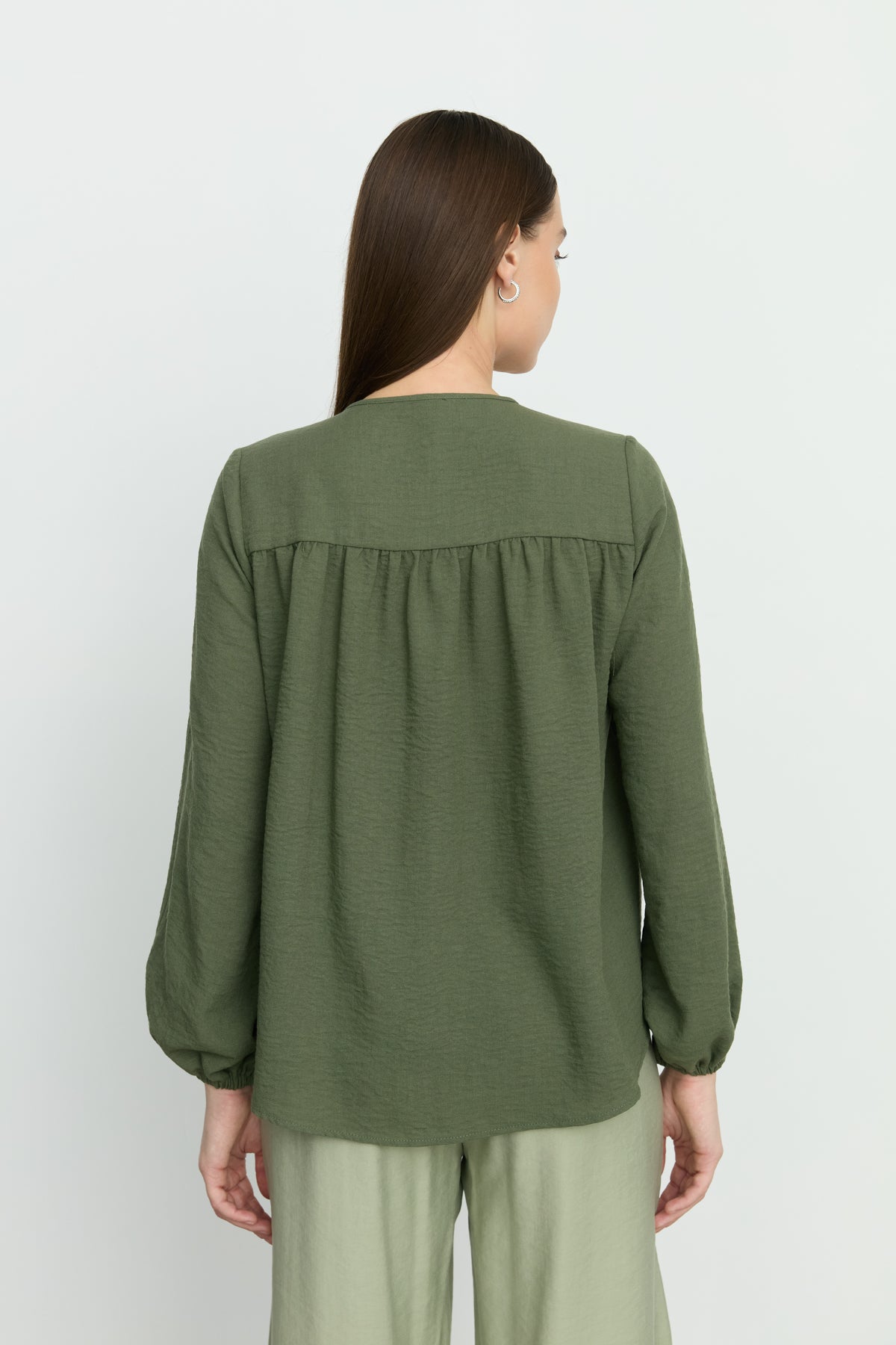 Puff Sleeve Shirred Shirt - Khaki