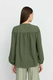 Puff Sleeve Shirred Shirt - Khaki