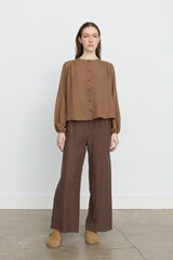 Puffed Sleeve Shirred Shirt - Coffee