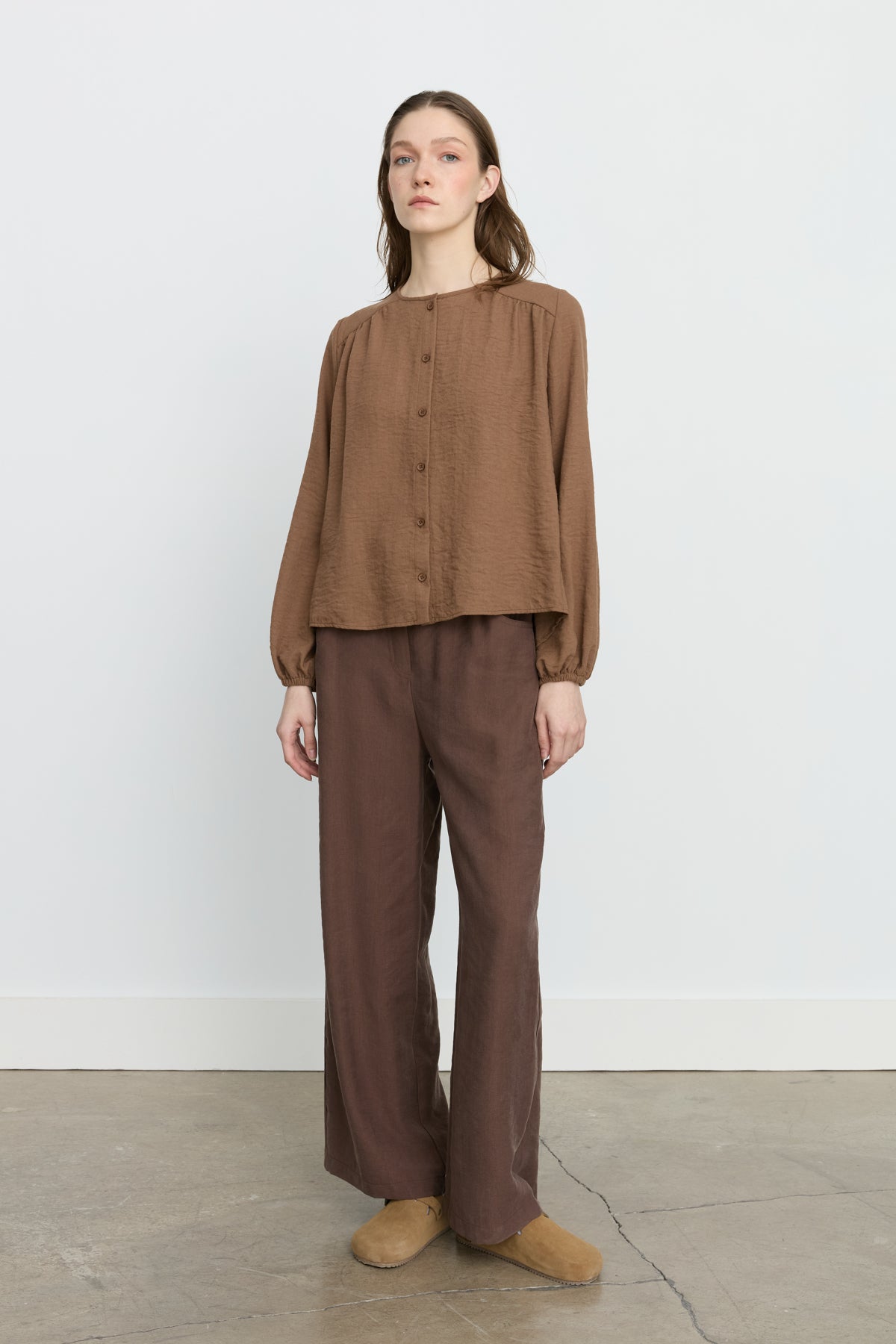 Puffed Sleeve Shirred Shirt - Coffee