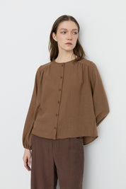 Puffed Sleeve Shirred Shirt - Coffee