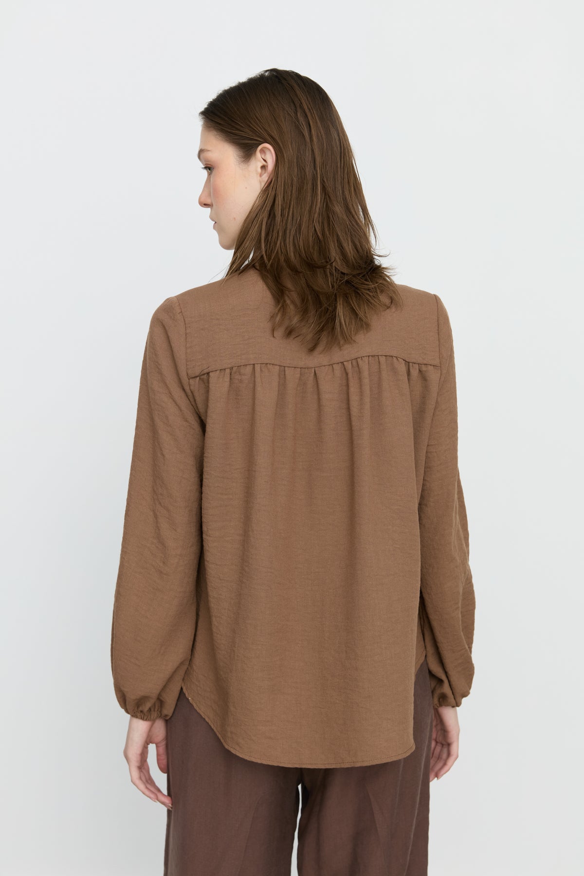 Puffed Sleeve Shirred Shirt - Coffee