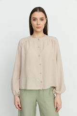 Balloon Sleeve Ruched Shirt - Stone