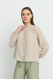 Balloon Sleeve Ruched Shirt - Stone
