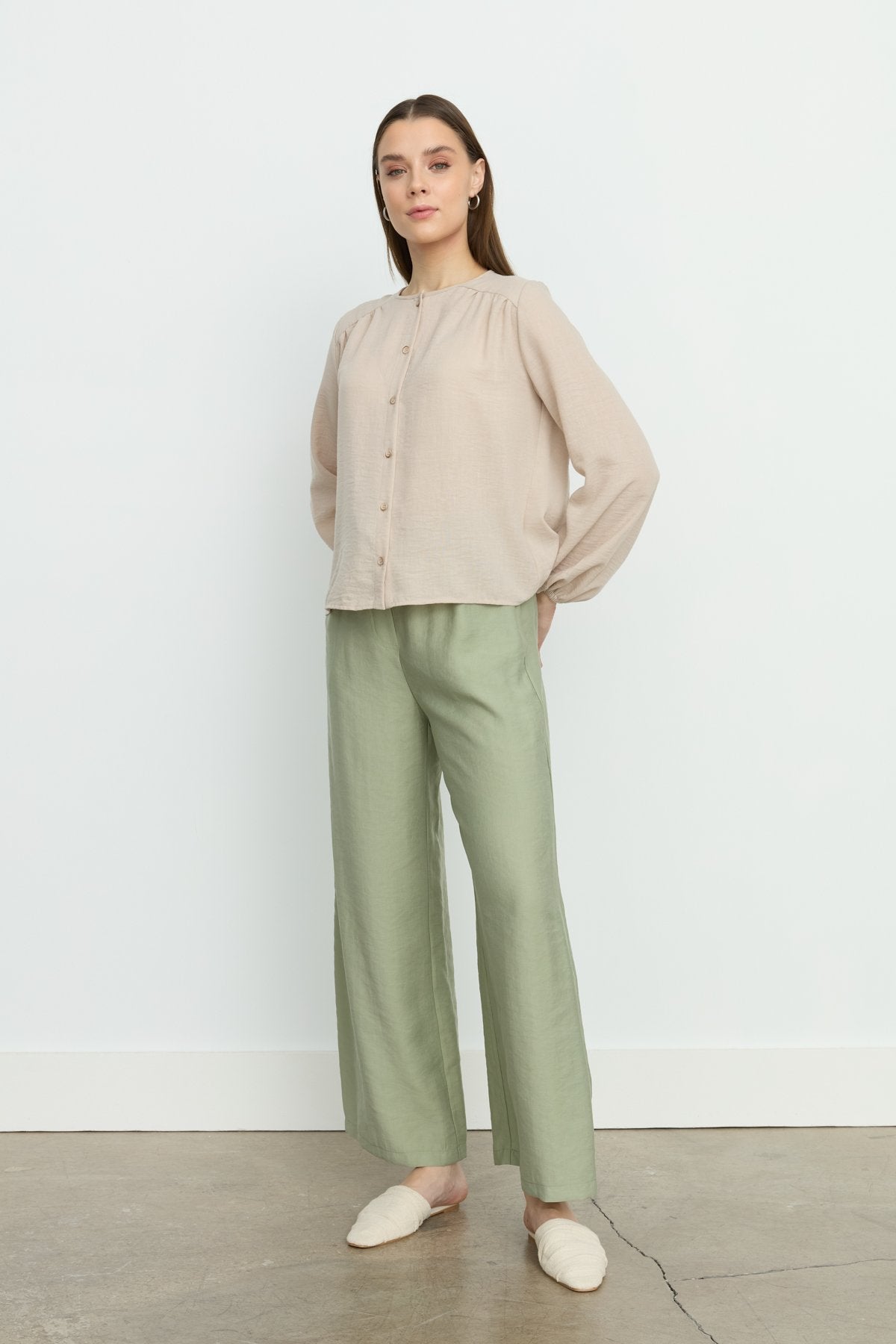Balloon Sleeve Ruched Shirt - Stone