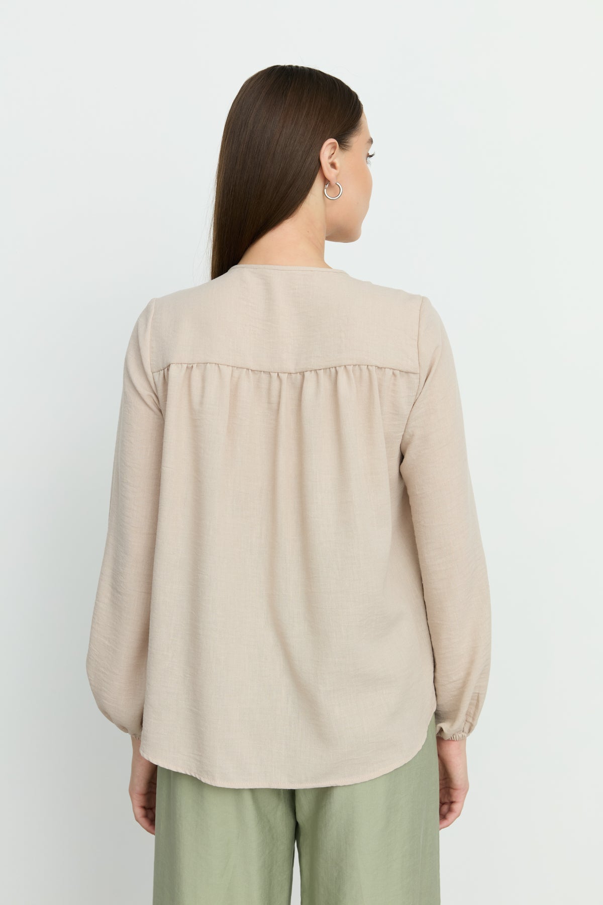 Balloon Sleeve Ruched Shirt - Stone