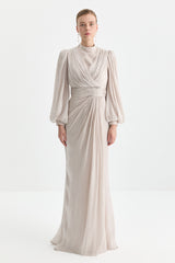 Draped Evening Dress with Balloon Sleeves - Beige