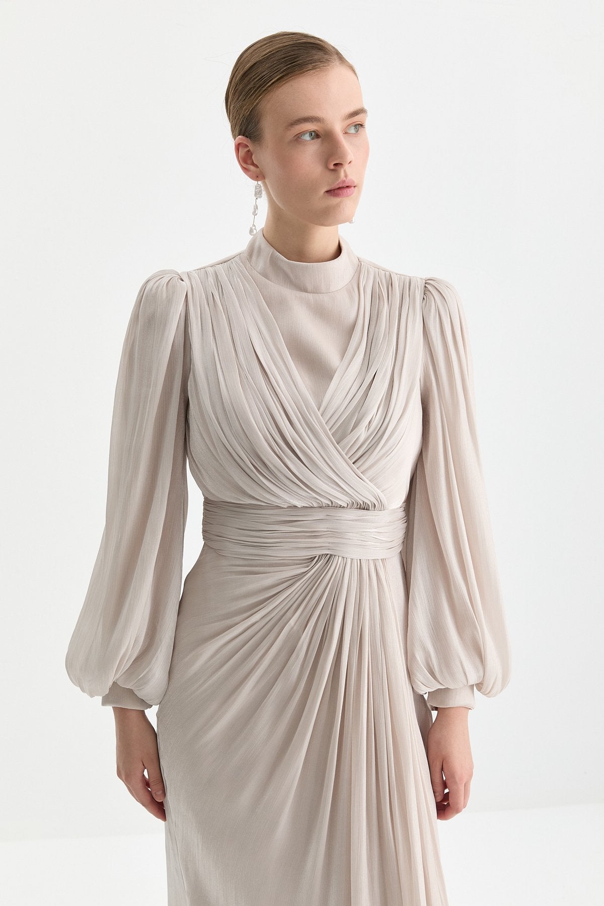 Draped Evening Dress with Balloon Sleeves - Beige