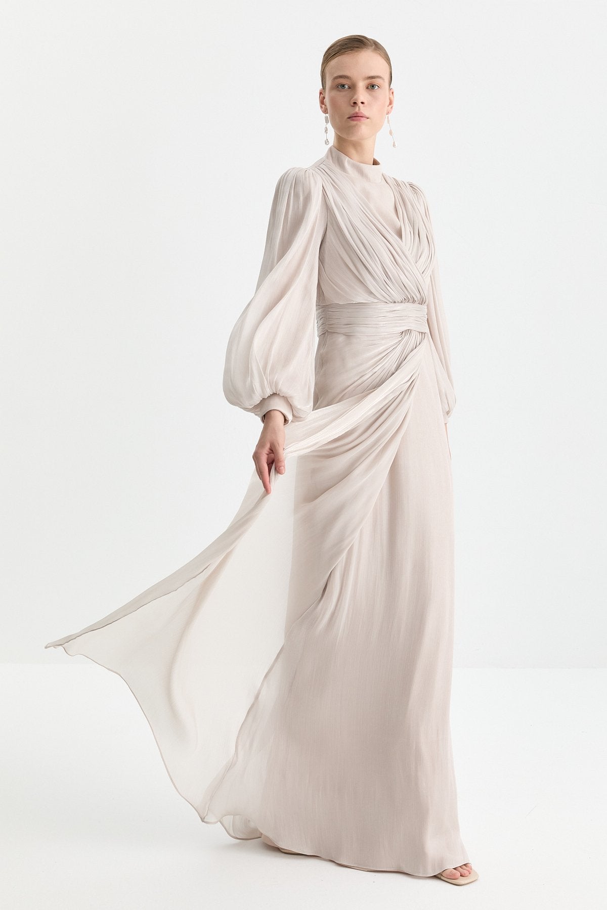 Draped Evening Dress with Balloon Sleeves - Beige