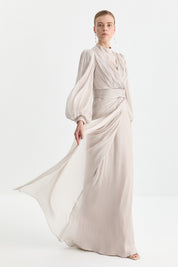 Draped Evening Dress with Balloon Sleeves - Beige