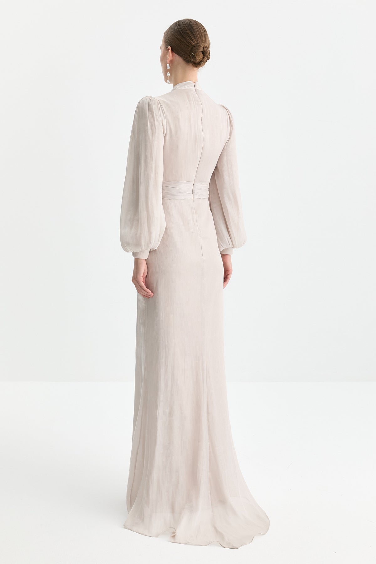 Draped Evening Dress with Balloon Sleeves - Beige