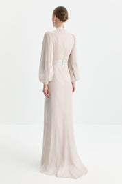 Draped Evening Dress with Balloon Sleeves - Beige