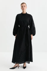 Balloon Sleeve Belted Embroidered Dress - Black