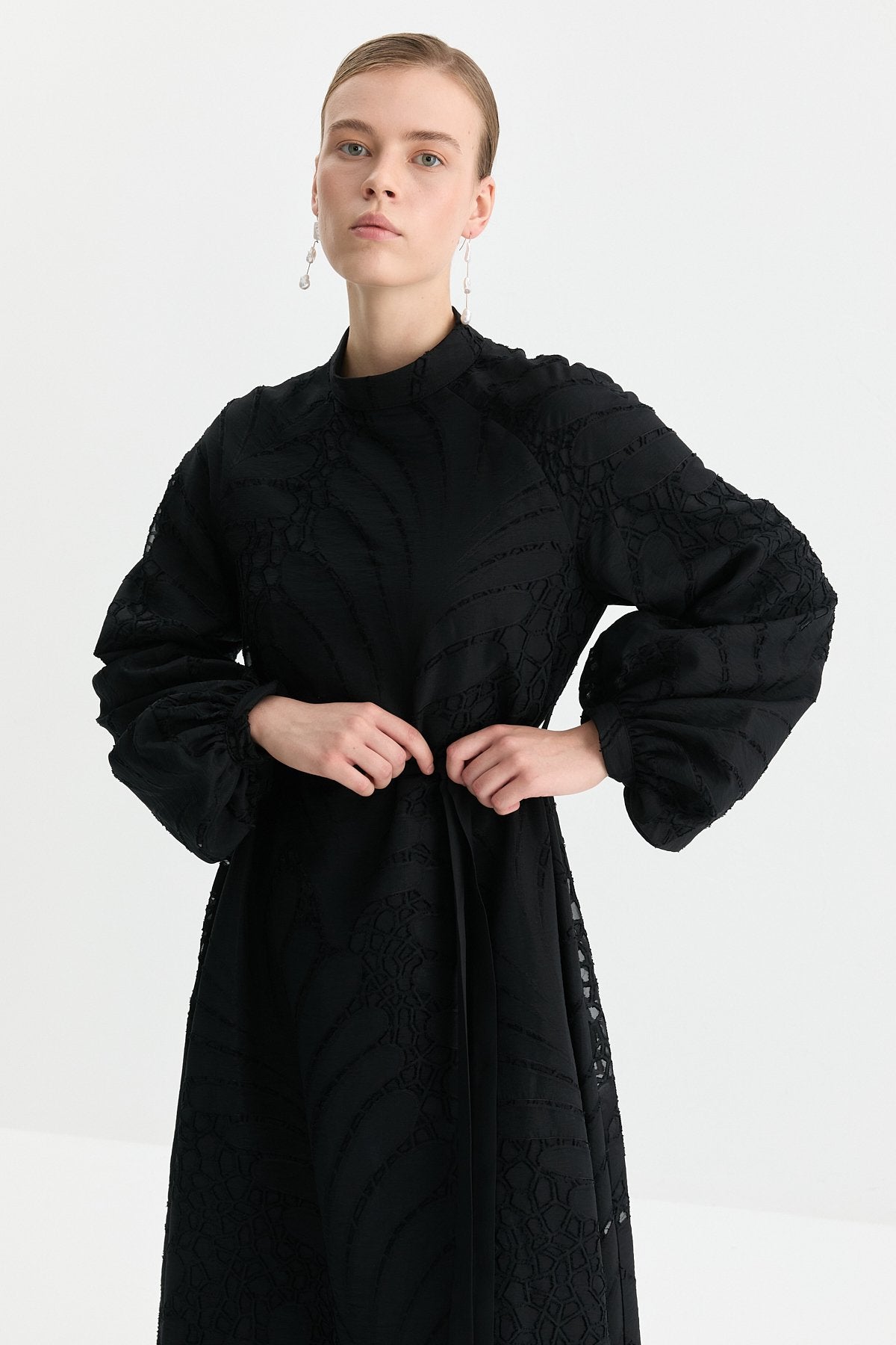 Balloon Sleeve Belted Embroidered Dress - Black