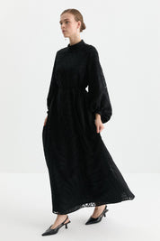Balloon Sleeve Belted Embroidered Dress - Black
