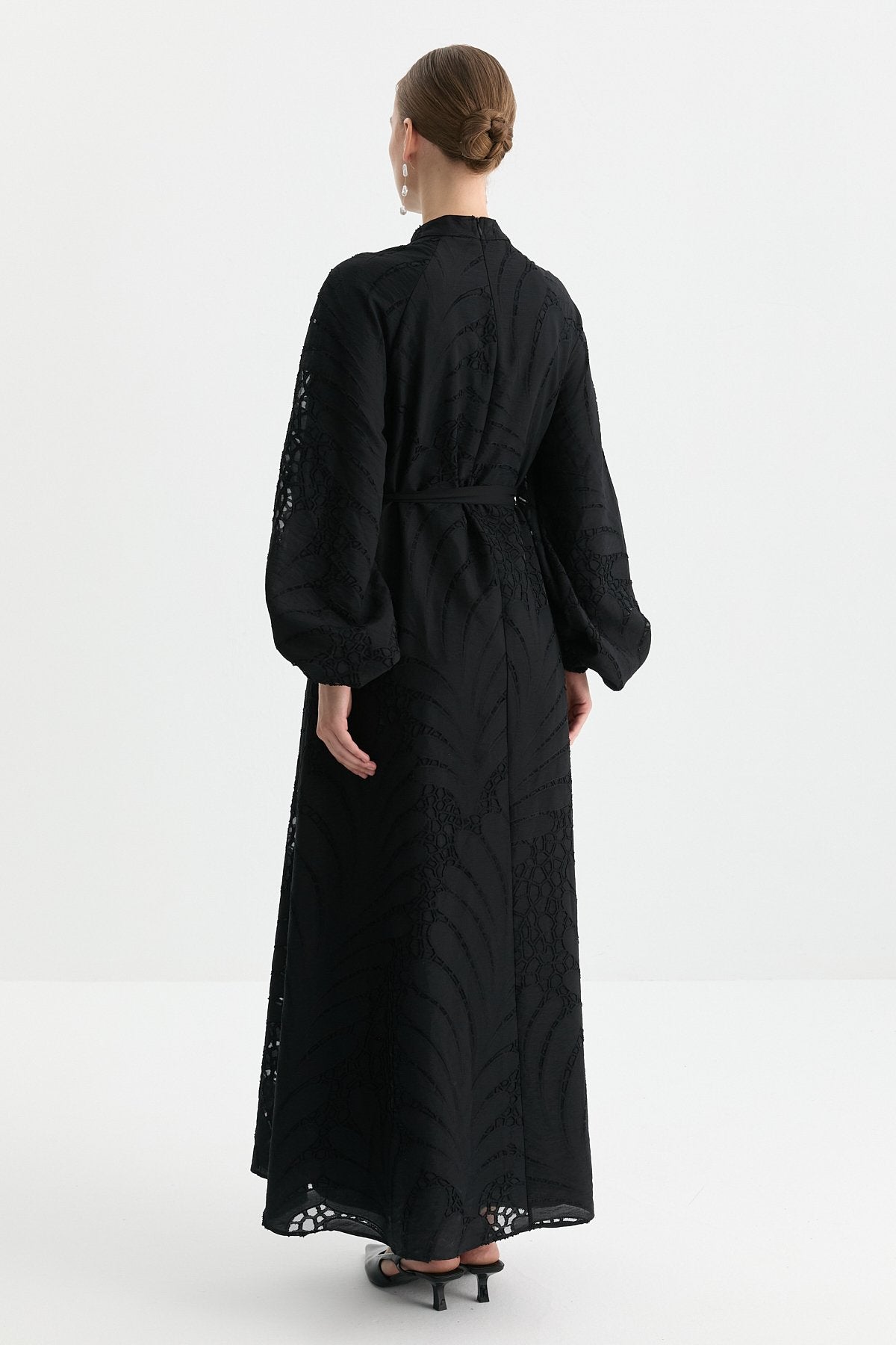 Balloon Sleeve Belted Embroidered Dress - Black