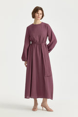 Viscose Belted Dress with Balloon Sleeves - Plum