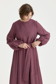 Viscose Belted Dress with Balloon Sleeves - Plum