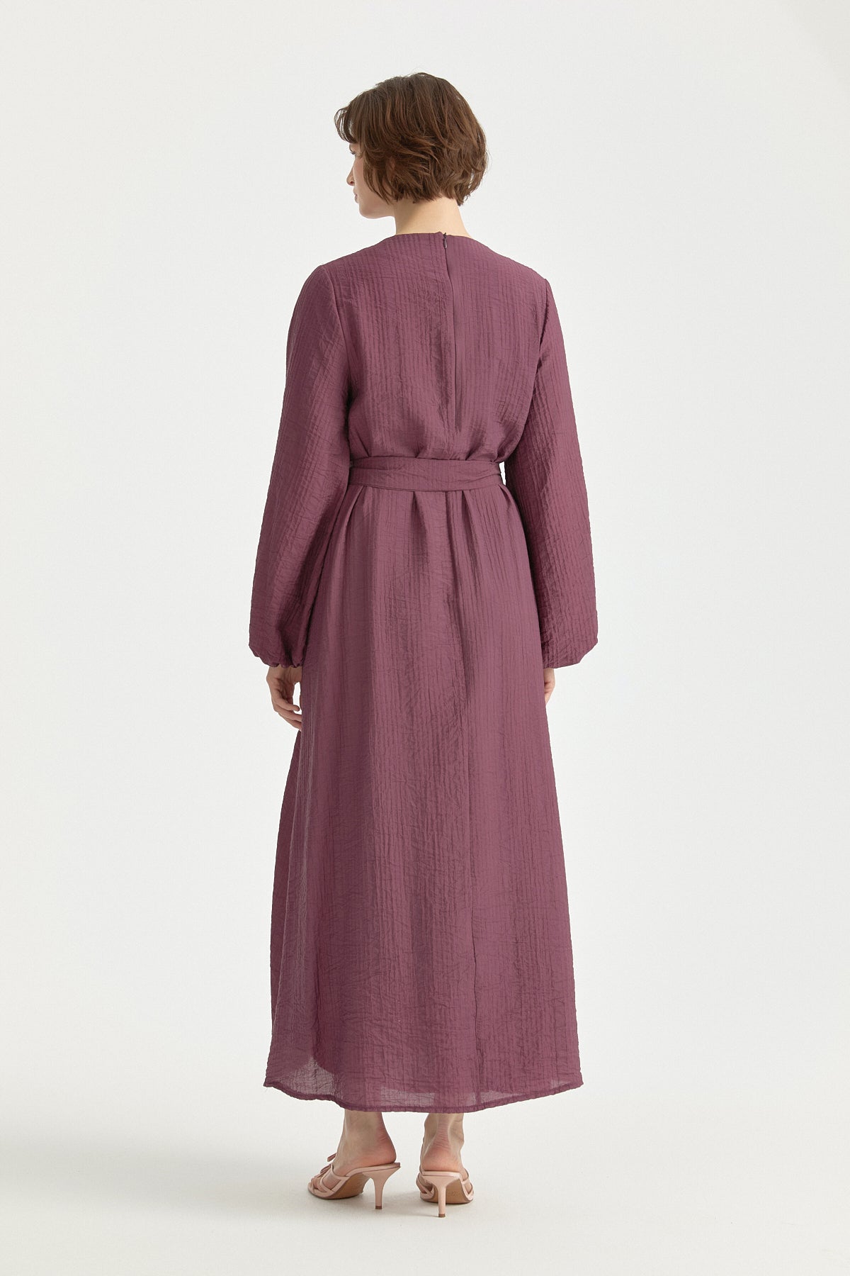 Viscose Belted Dress with Balloon Sleeves - Plum