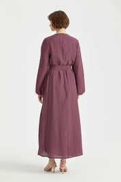 Viscose Belted Dress with Balloon Sleeves - Plum