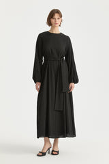 Balloon Sleeve Belted Viscose Dress - Black