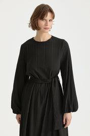 Balloon Sleeve Belted Viscose Dress - Black