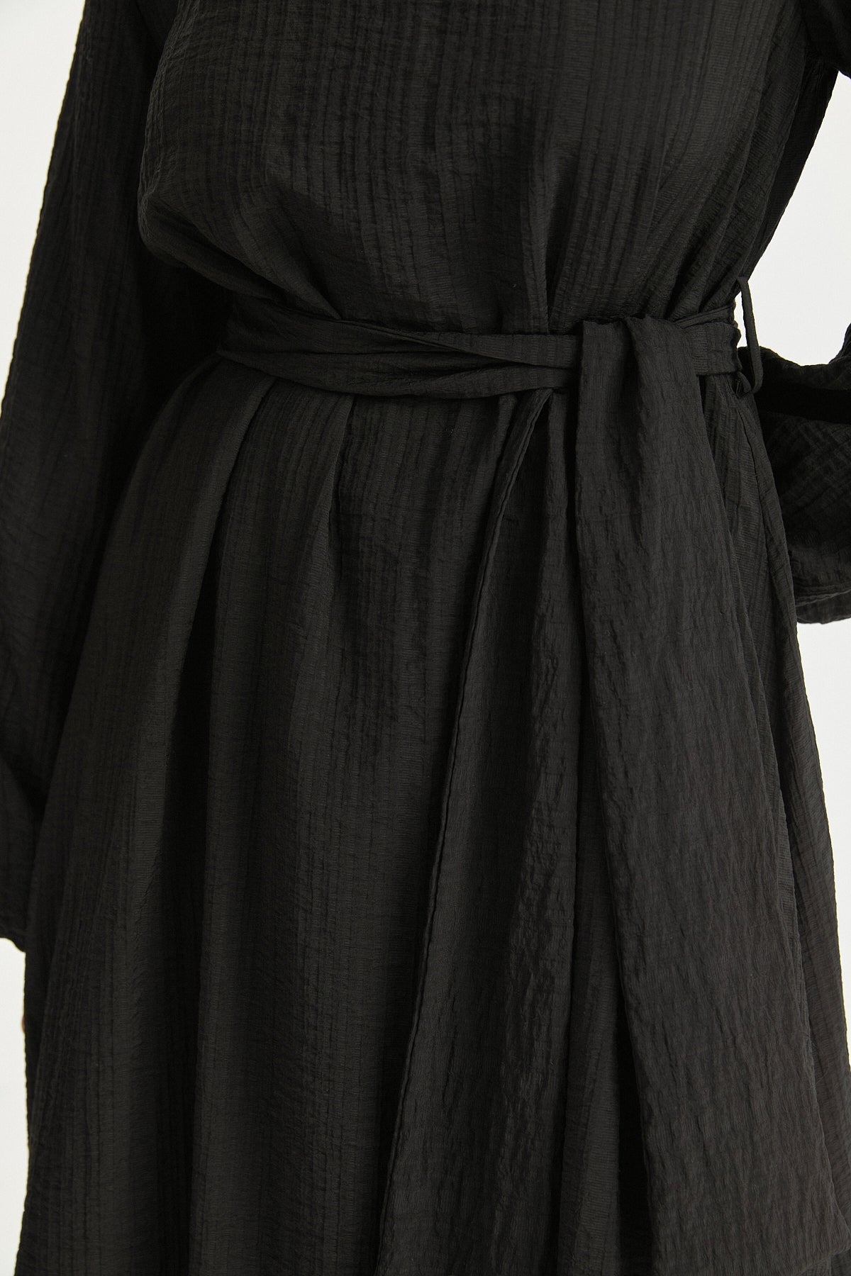 Balloon Sleeve Belted Viscose Dress - Black