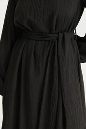 Balloon Sleeve Belted Viscose Dress - Black