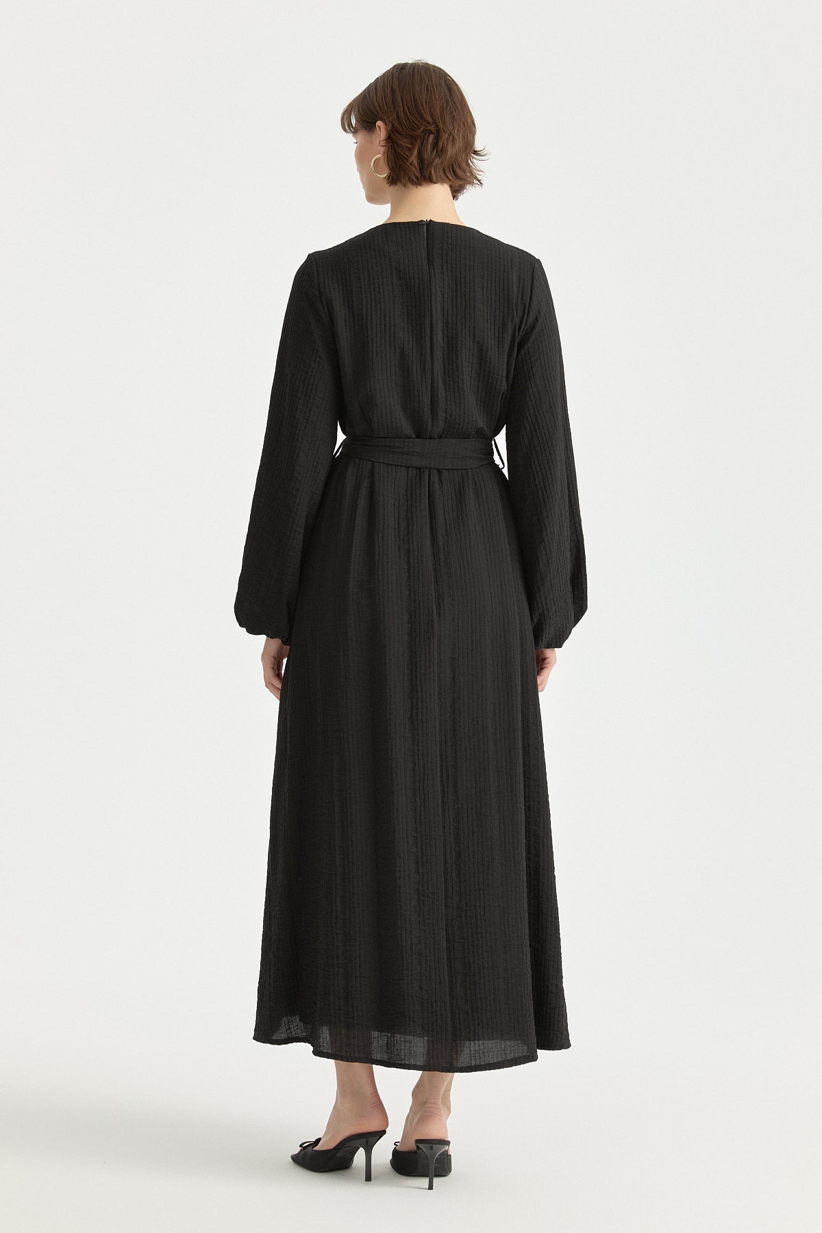 Balloon Sleeve Belted Viscose Dress - Black