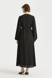 Balloon Sleeve Belted Viscose Dress - Black