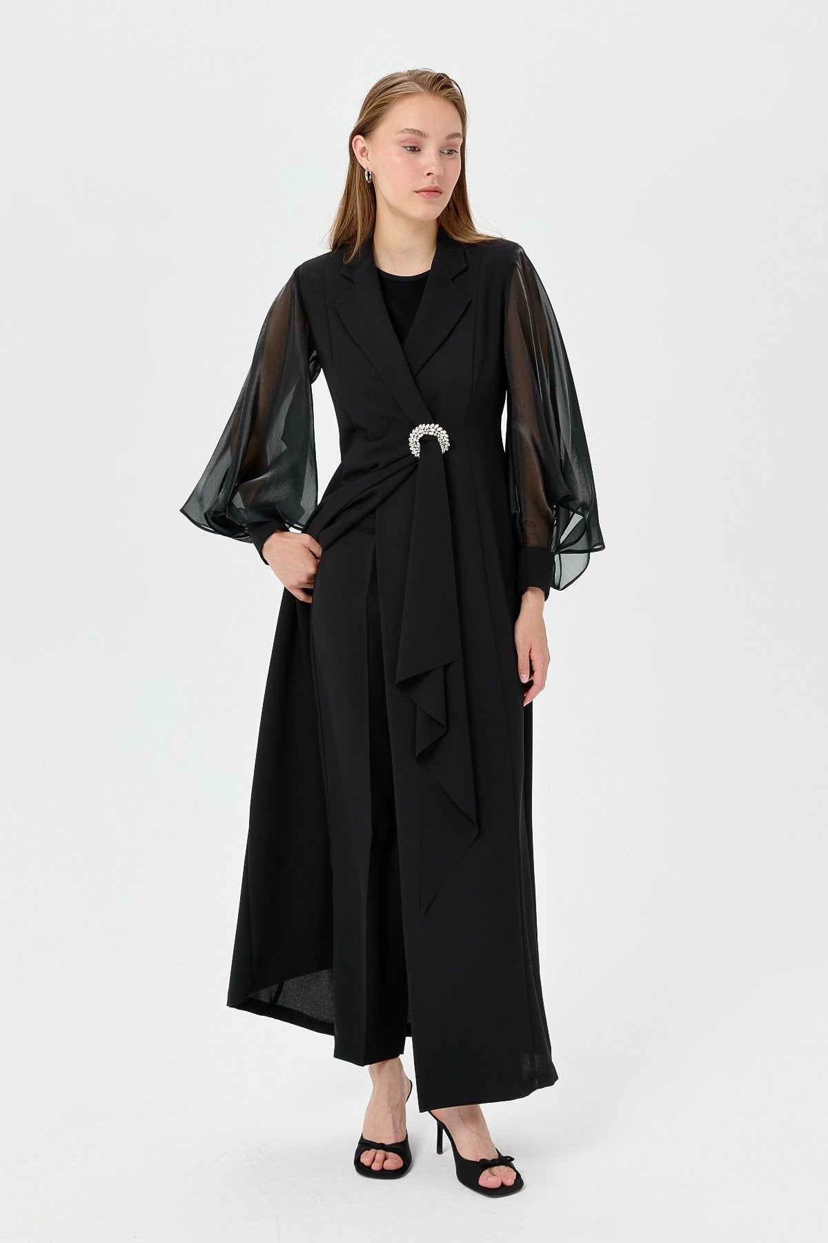 Balon Kollu Şık Kaftan Takım - Siyah