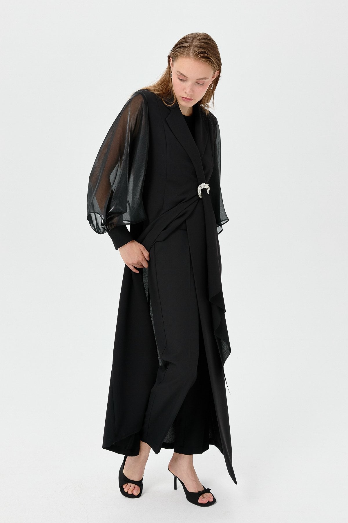 Balon Kollu Şık Kaftan Takım - Siyah
