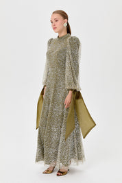 Balloon Sleeve Embellished Evening Dress - Khaki