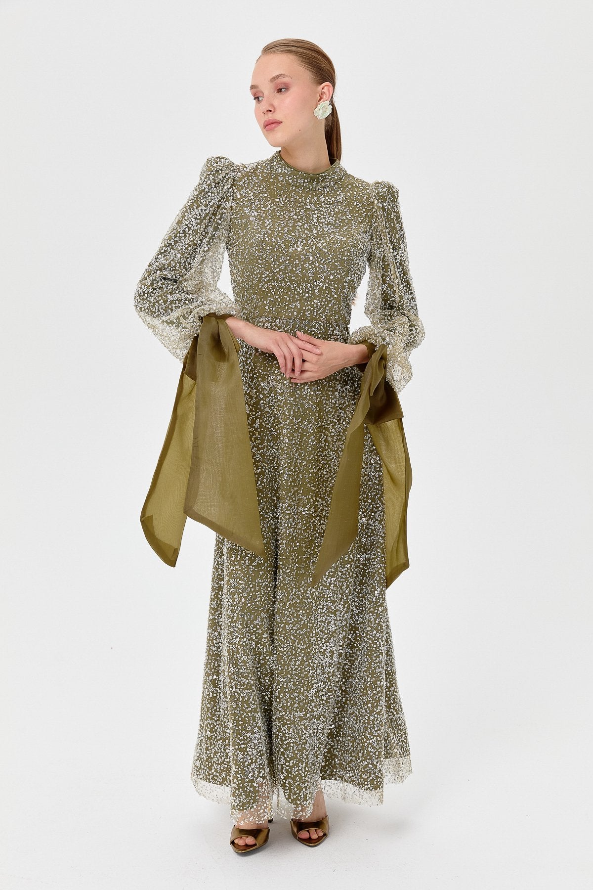 Balloon Sleeve Embellished Evening Dress - Khaki