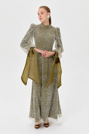 Balloon Sleeve Embellished Evening Dress - Khaki