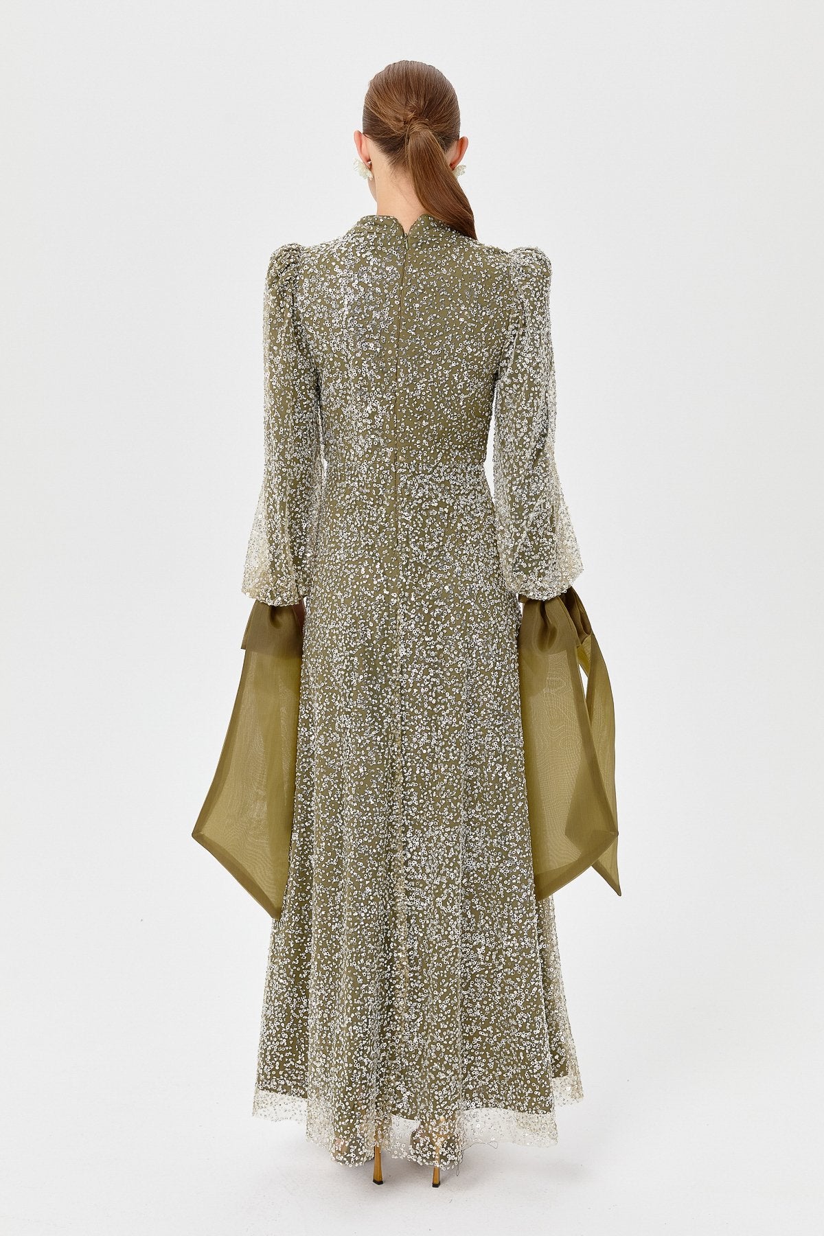 Balloon Sleeve Embellished Evening Dress - Khaki